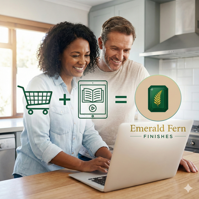 Homeowners exploring renovation materials online with Emerald Fern Finishes, represented by shopping and education icons