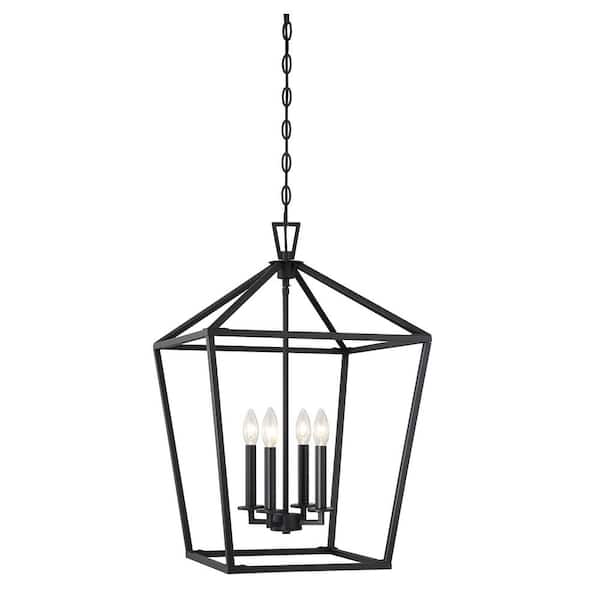 Matte black four-light lantern pendant sized for a kitchen island or dining table