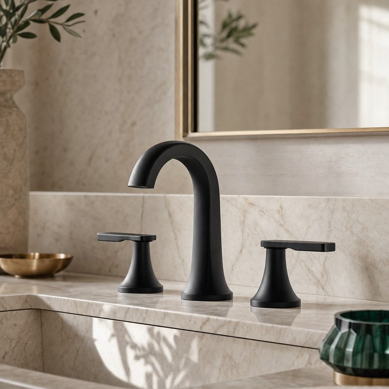 Widespread bathroom faucet installed on a vanity