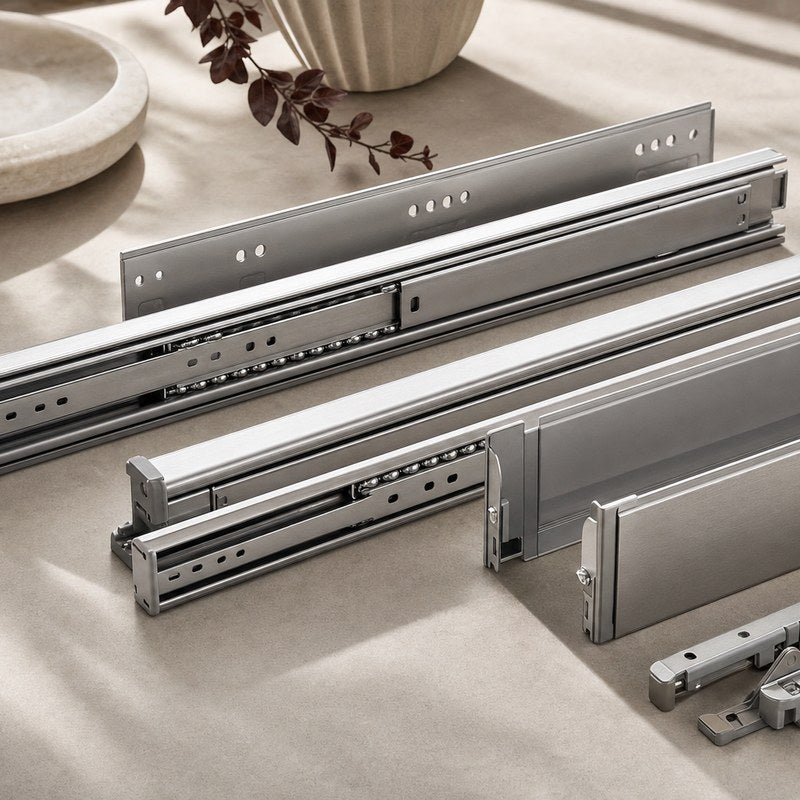 Metal drawer slides in several lengths and configurations
