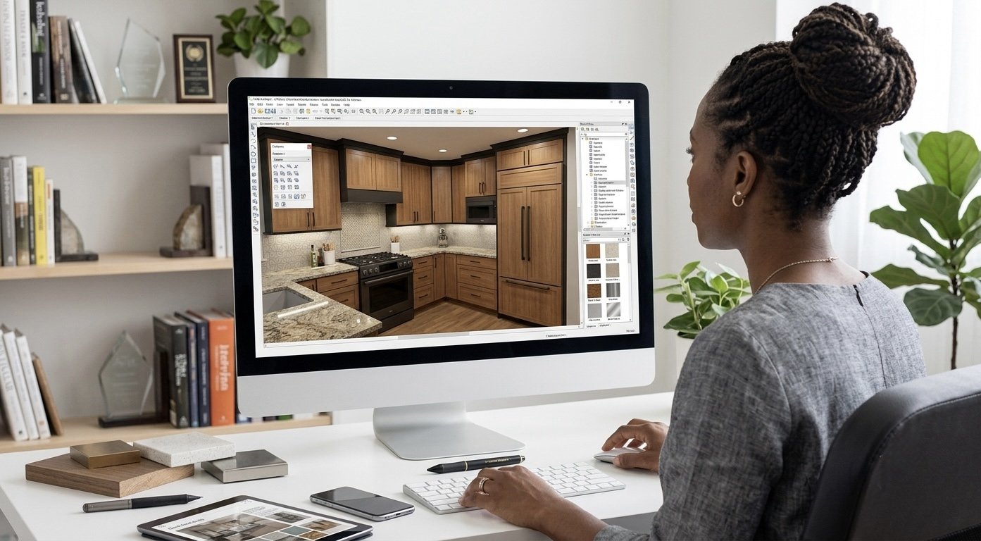 Cabinet designer reviewing a three-dimensional kitchen plan