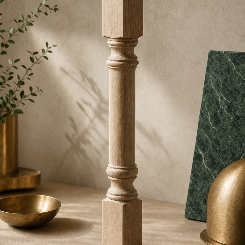 Decorative cabinet post and turned wood leg detail