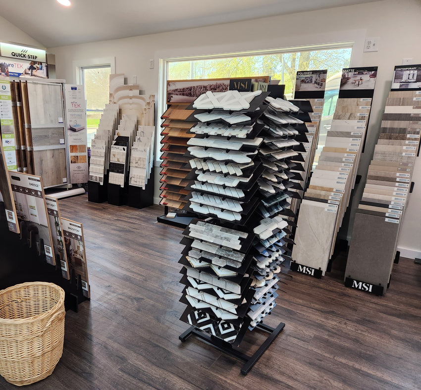 Emerald Fern Finishes Chicago showroom displaying MSI tile, flooring samples, and independent building product sourcing platform