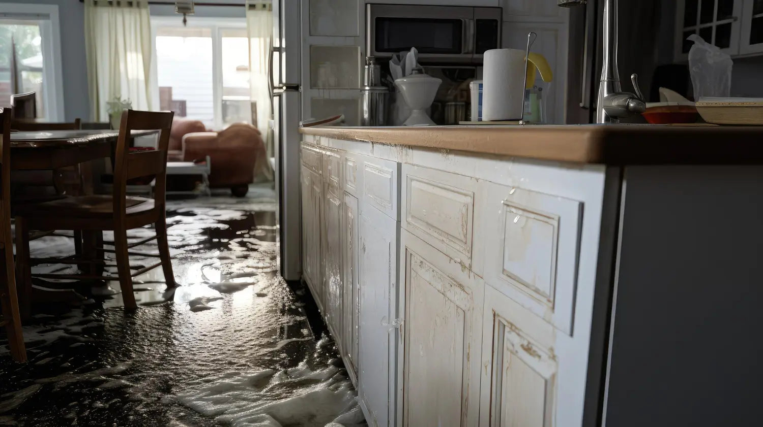 Beautiful kitchen renovation after water damage insurance claim — cabinets, flooring, and tile sourced through Emerald Fern Finishes at trade-quality distributor pricing