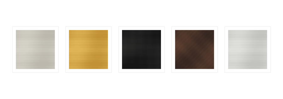 Cabinet hardware finish options side by side: brushed nickel, brass, matte black, bronze, and chrome