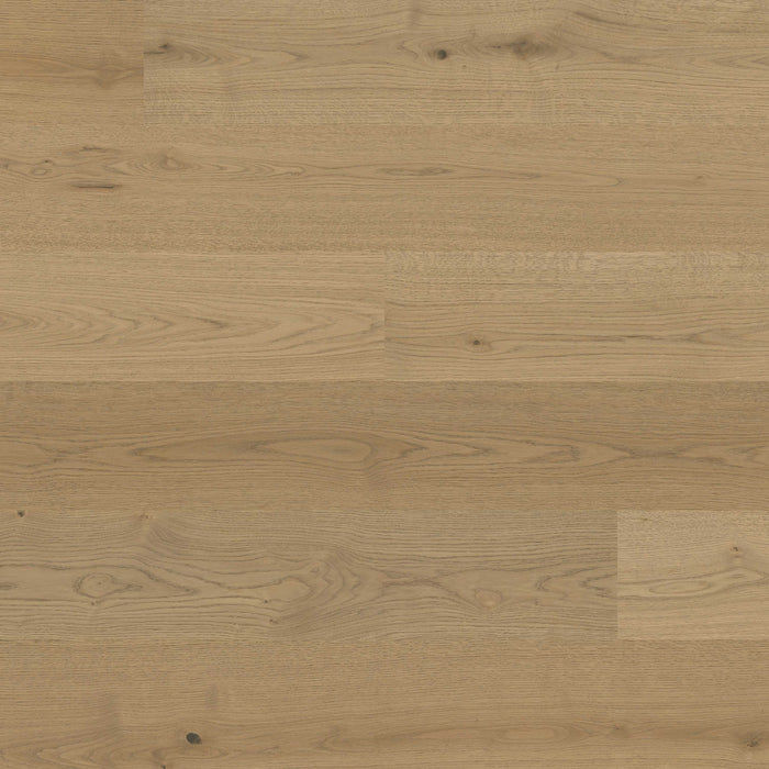 Wide-plank engineered white oak hardwood flooring in a warm natural finish