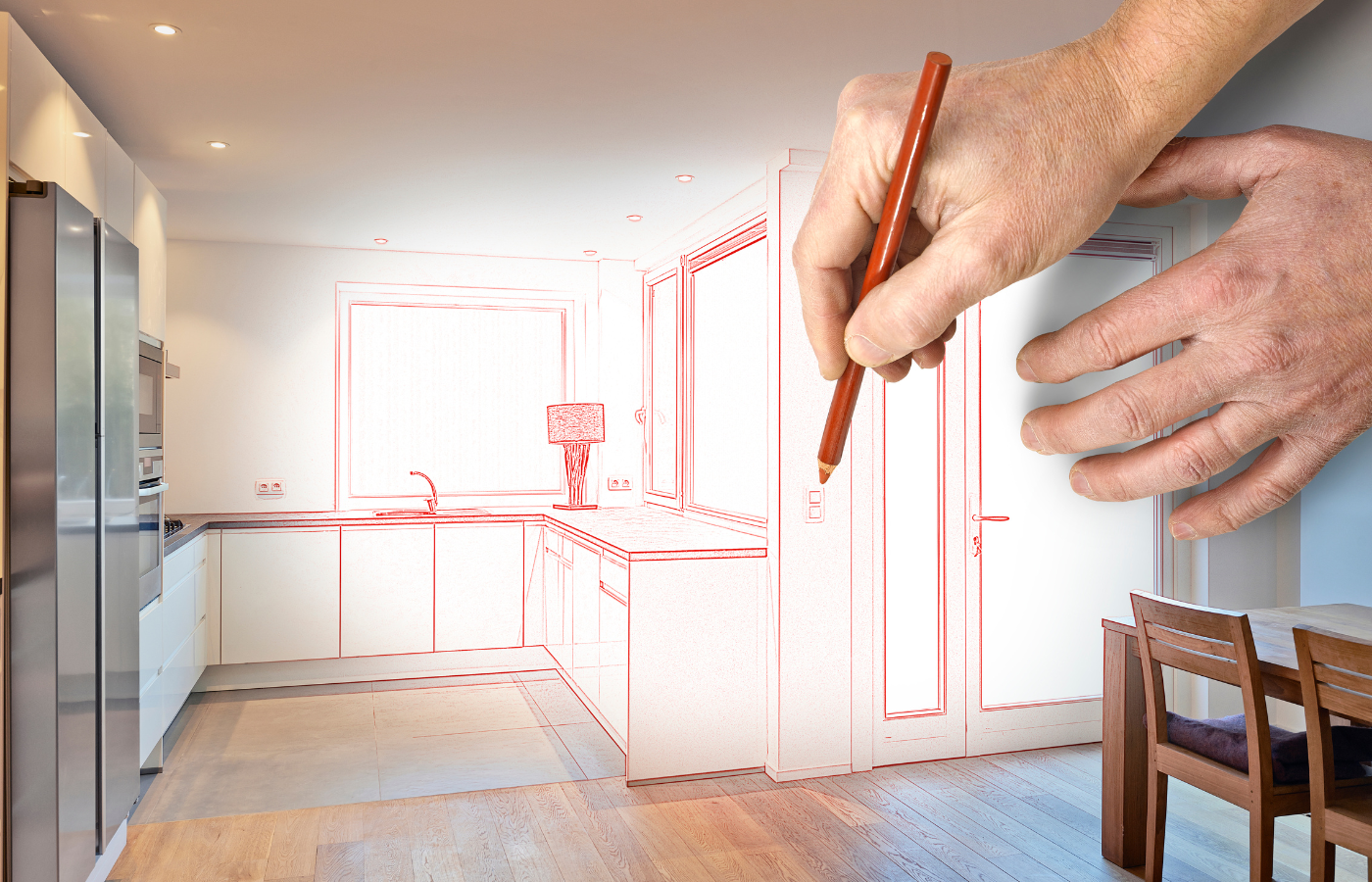 Hand drawing kitchen cabinet layout sketch over photo of empty kitchen space