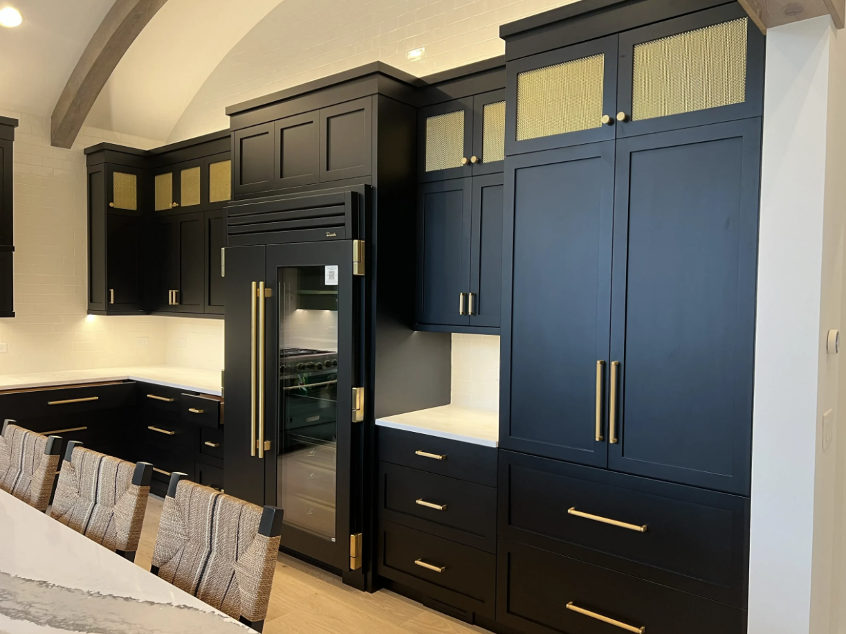 Floor-to-ceiling dark shaker kitchen cabinets with gold hardware and built-in appliances — Rose Hill Cabinets Timeless Shaker Charcoal by Emerald Fern Finishes