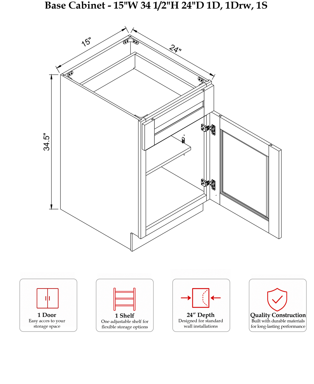 Rose Hill Signature Shaker — Grey — Base Cabinet B15 - Specification Drawing