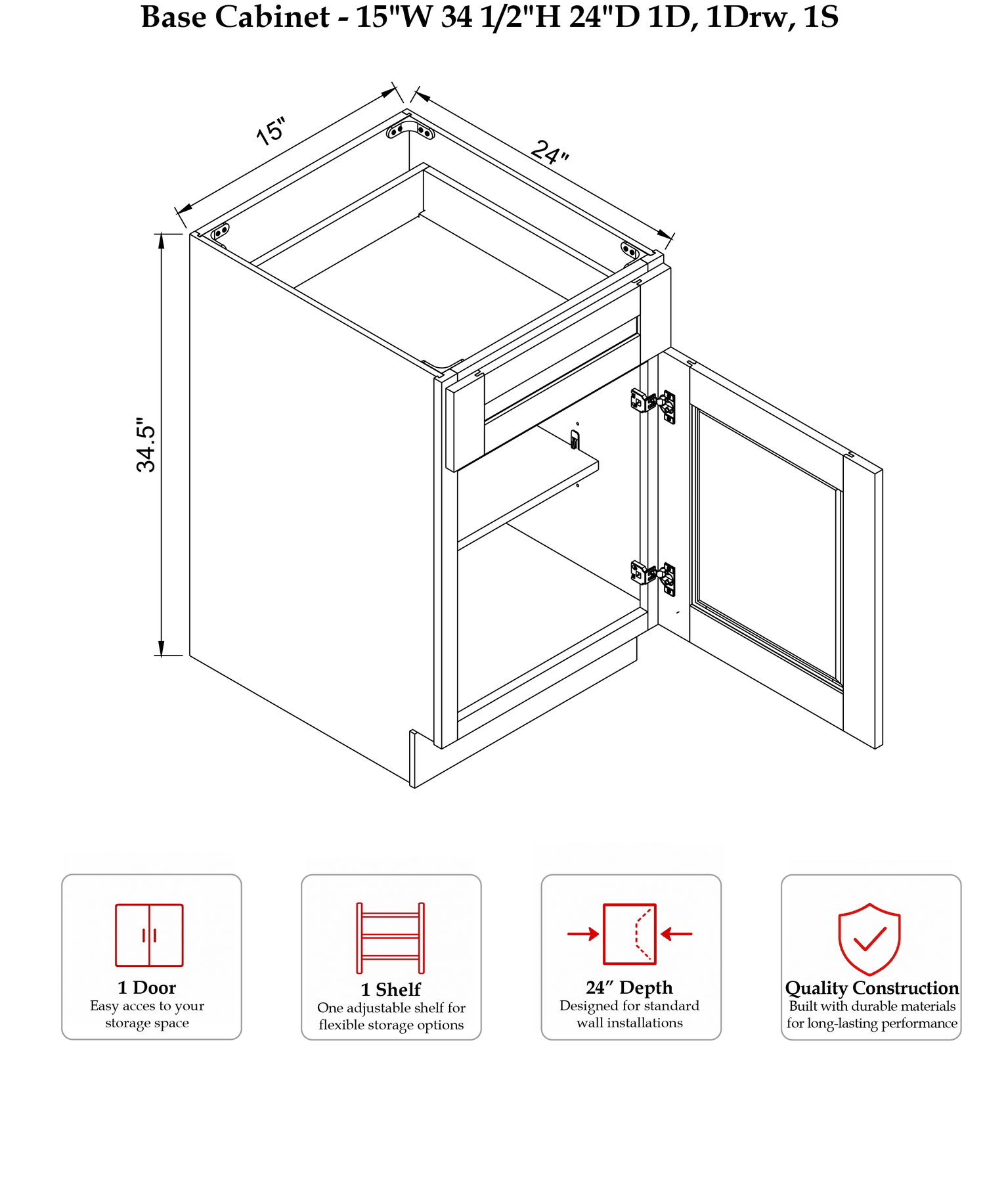 Rose Hill Studio Slim — Linen — Base Cabinet B15 - Specification Drawing