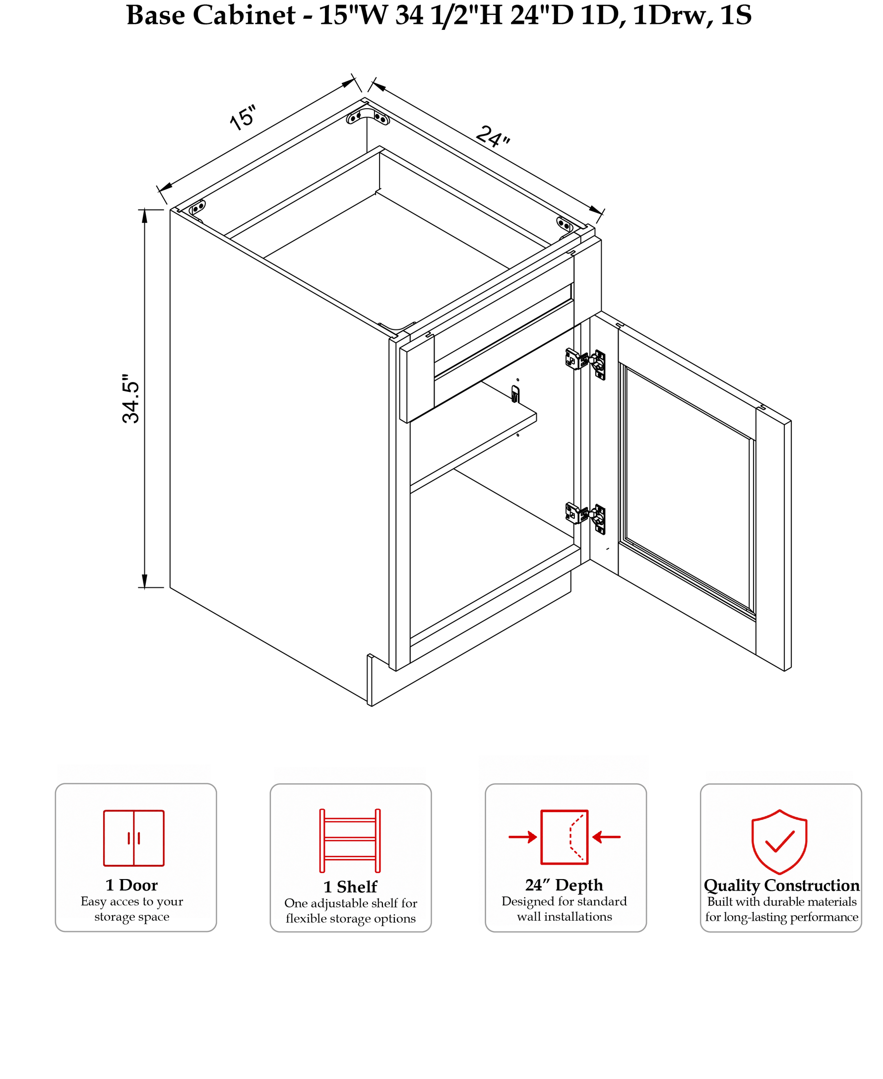 Rose Hill Studio Slim — Fern Green — Base Cabinet B15 - Specification Drawing