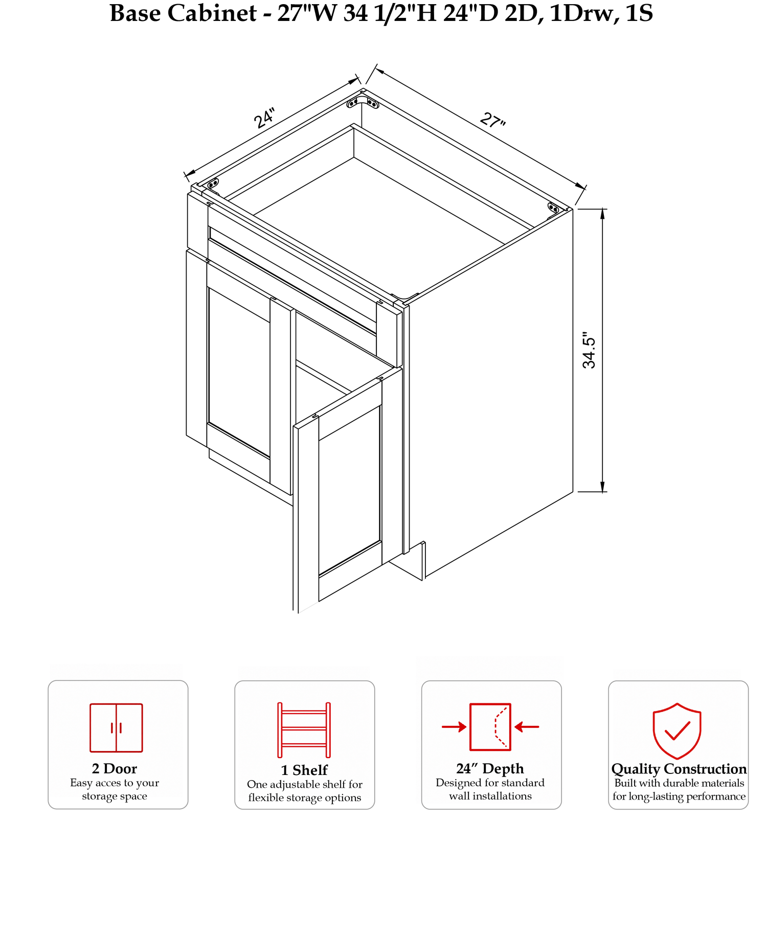 Rose Hill Signature Shaker — Grey — Base Cabinet B27 - Specification Drawing