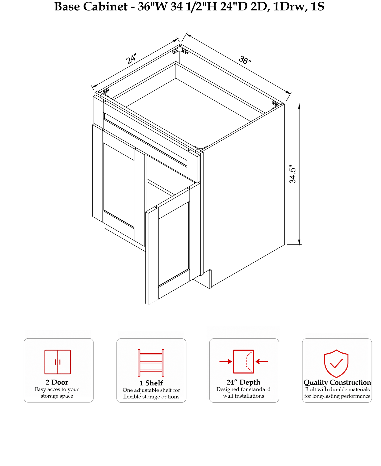 Rose Hill Signature Shaker — Grey — Base Cabinet B36 - Specification Drawing