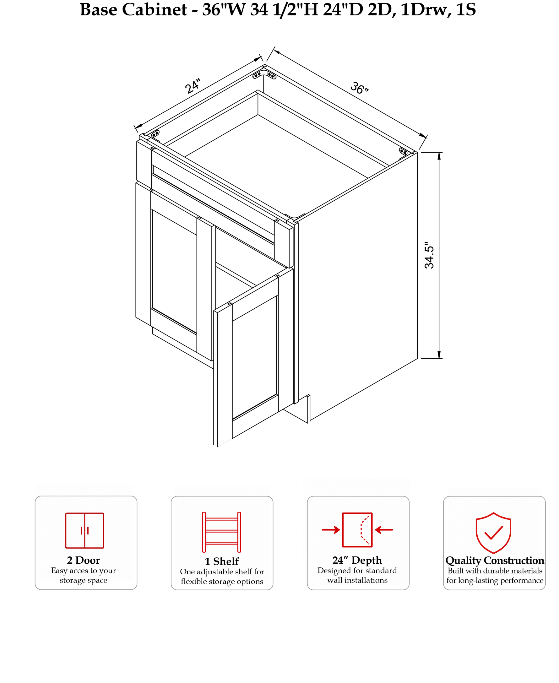 Rose Hill Signature Shaker — Pecan — Base Cabinet B36 - Specification Drawing