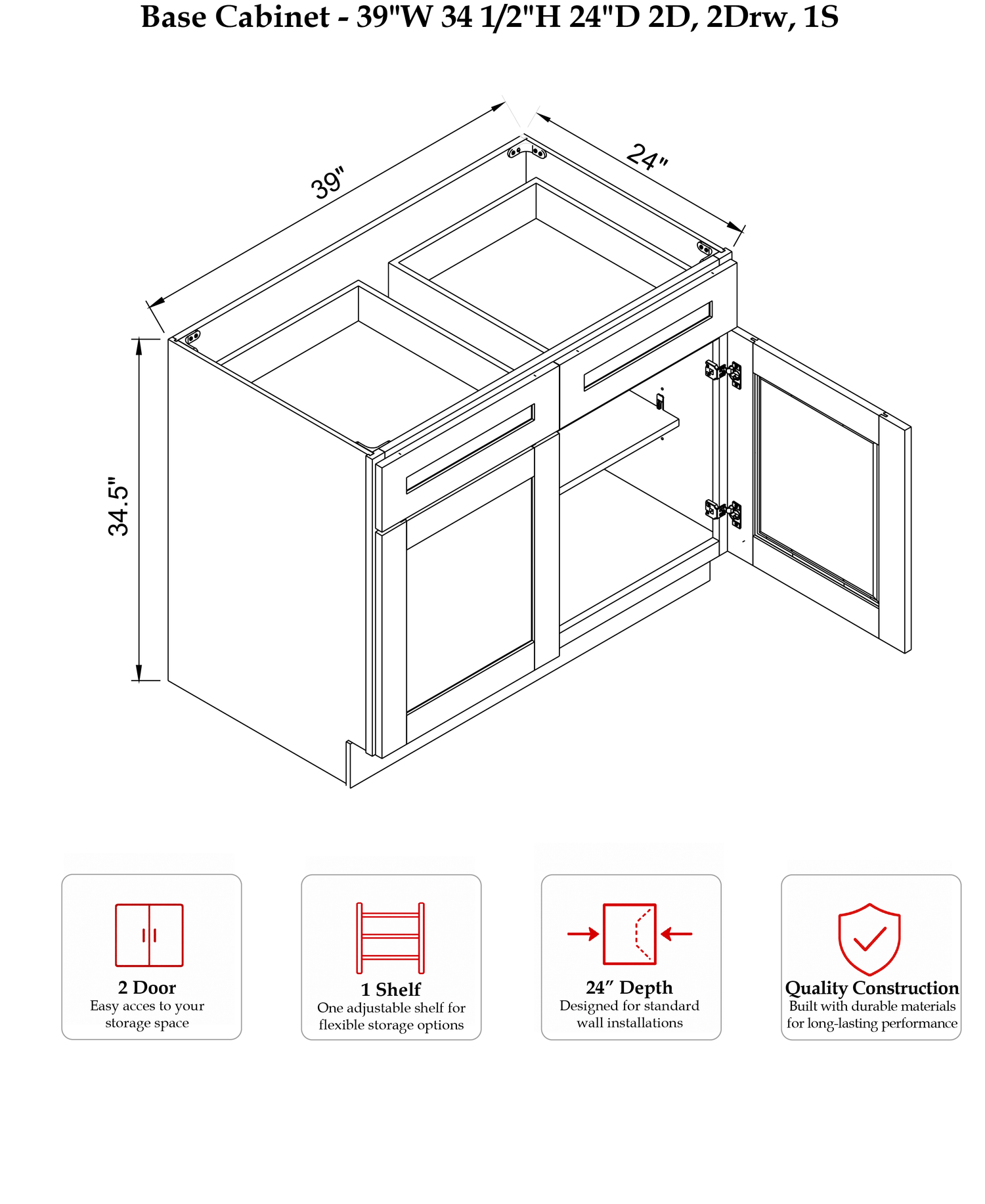 Rose Hill Era Shaker — Walnut — Base Cabinet B39 - Specification Drawing