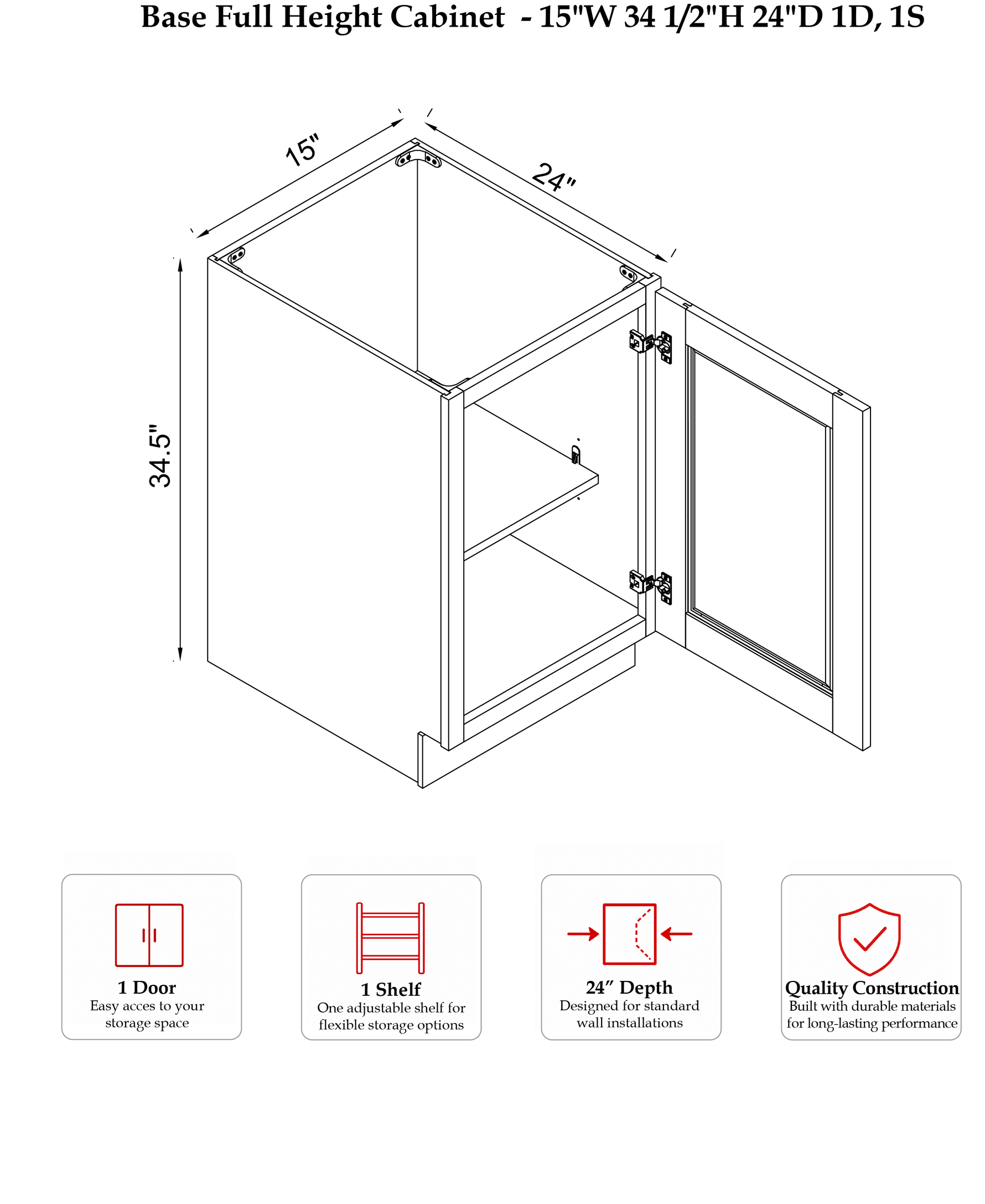 Rose Hill Signature Shaker — White — Base Full Height Cabinet B15FH - Specification Drawing