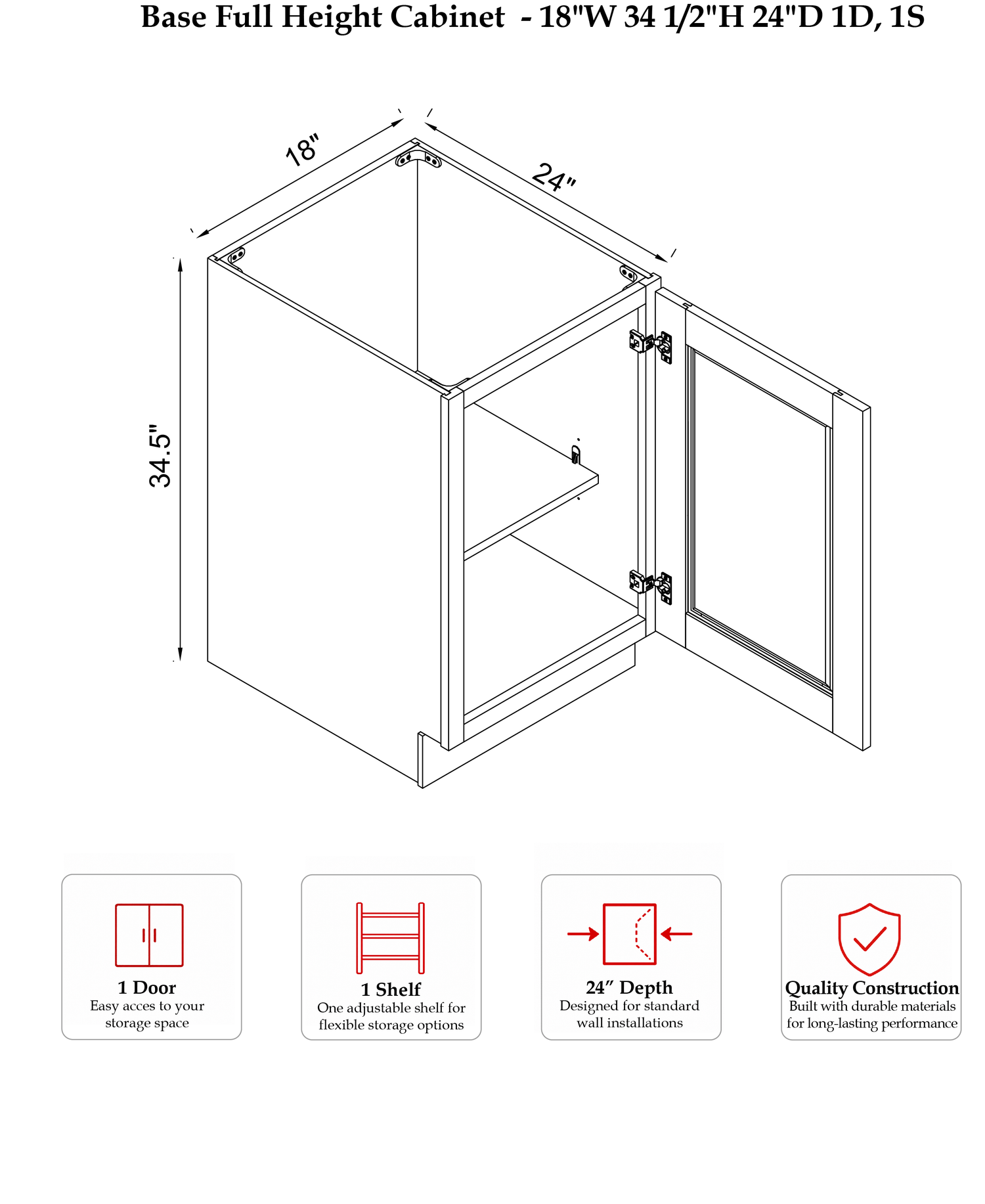 Rose Hill Studio Slim — Fern Green — Base Full Height Cabinet B18FH - Specification Drawing
