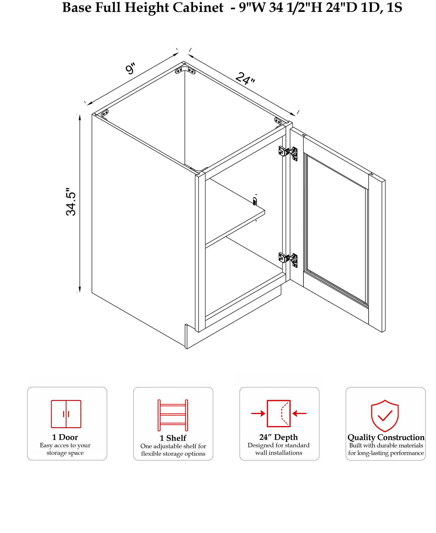 Rose Hill Studio Slim — Linen — Base Full Height Cabinet B09FH - Specification Drawing