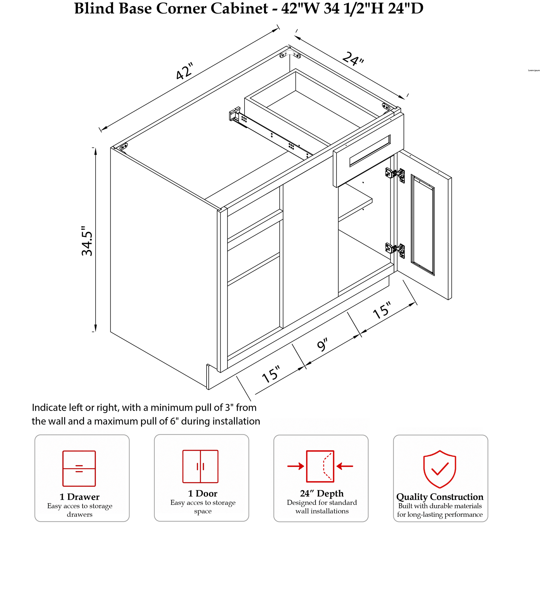 Rose Hill Signature Shaker — Grey — Blind Corner Base Cabinet BBC42/45 - Specification Drawing