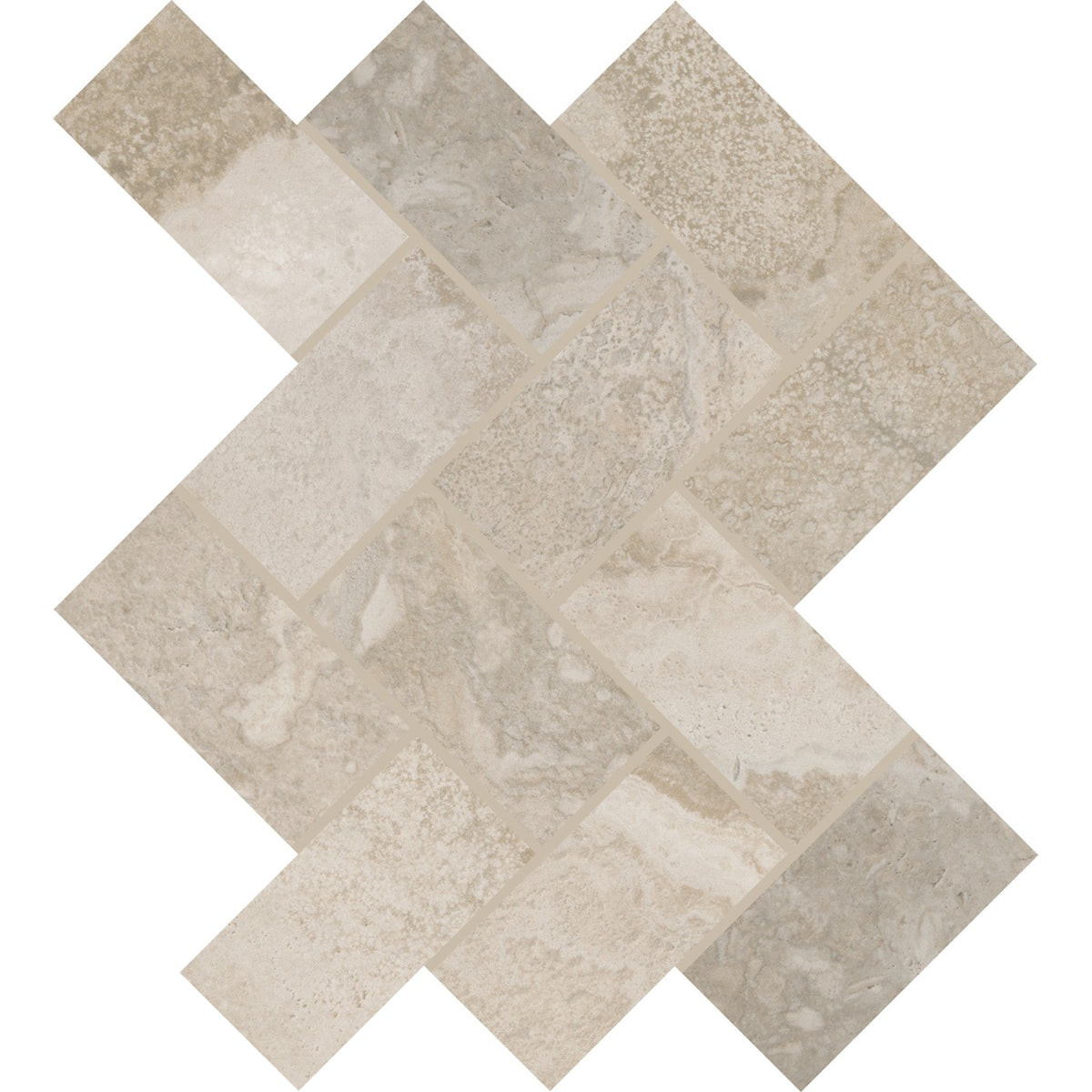 Daltile Archaia Artifact Beige 2″×4″ herringbone ceramic mosaic