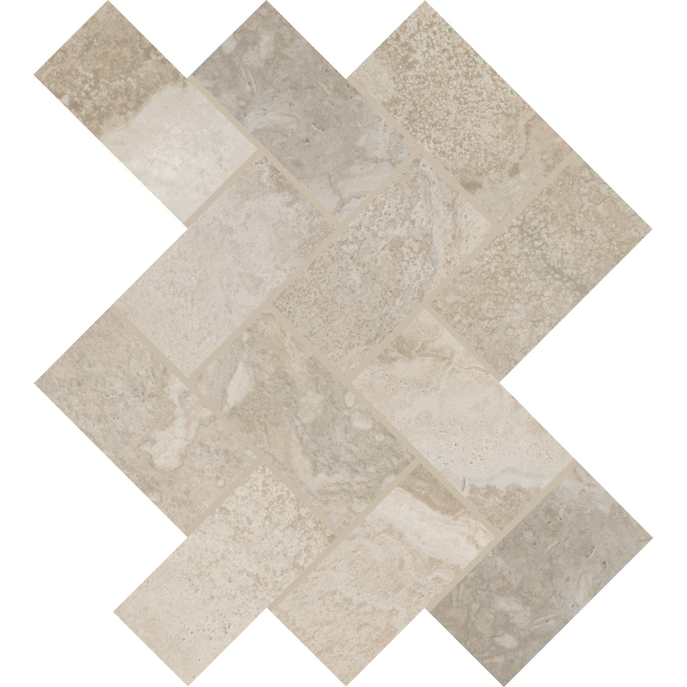 Daltile Archaia Artifact Beige 2″×4″ herringbone ceramic mosaic