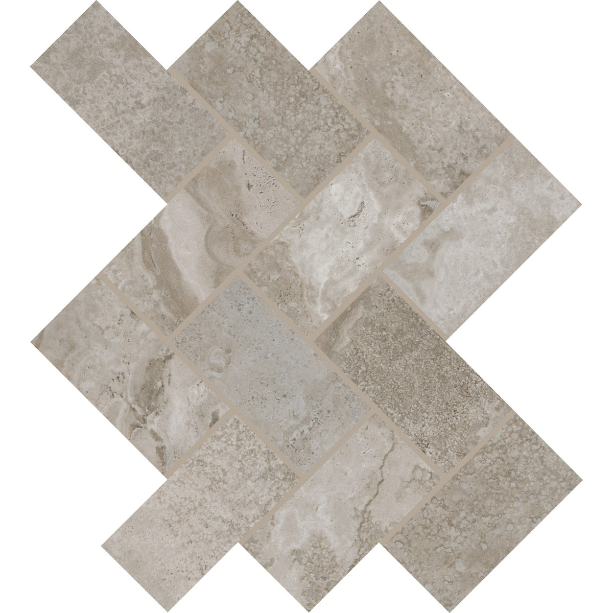 Daltile Archaia Atlas Grey 2″×4″ herringbone ceramic mosaic