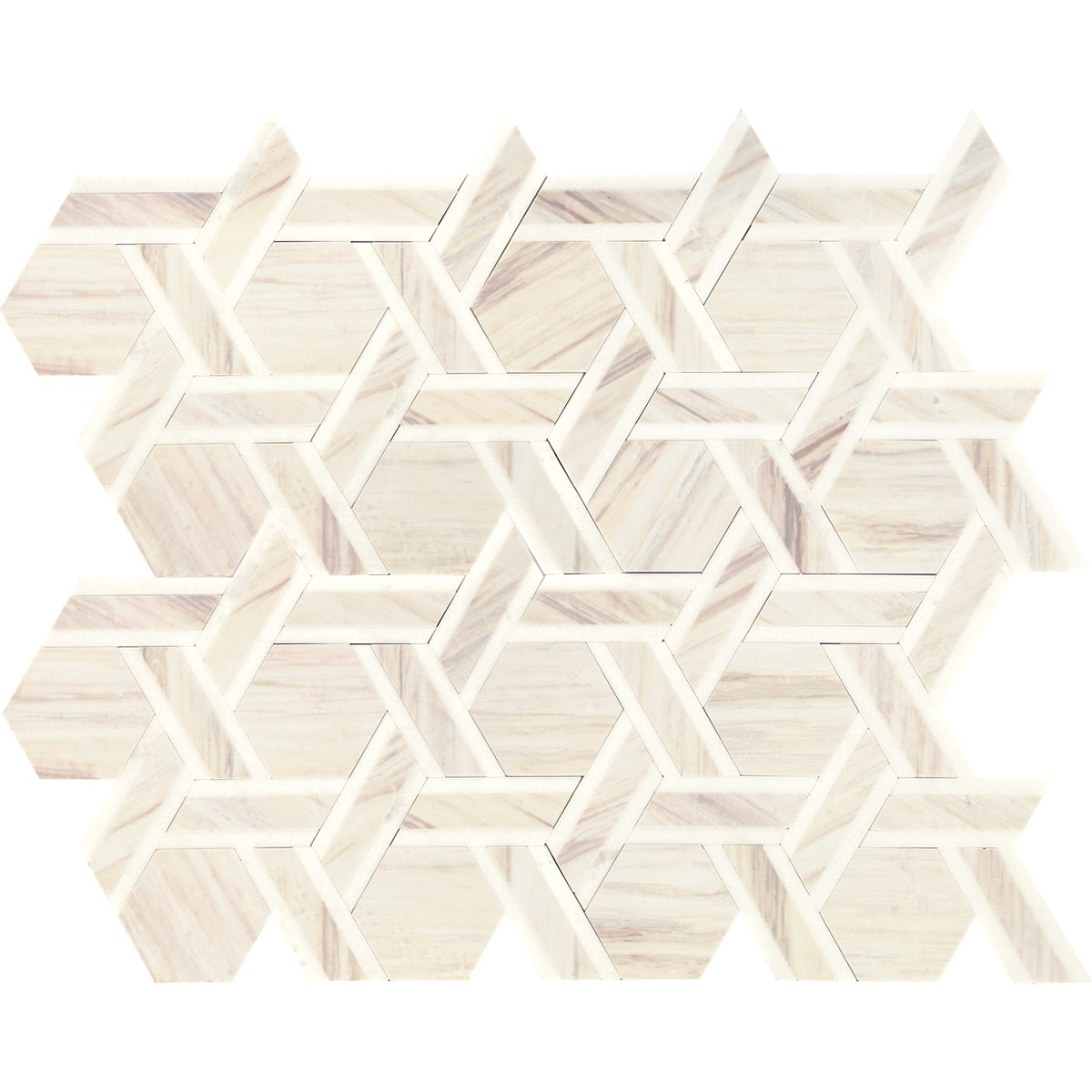 Daltile Fonte Pier White Blend rotating hexagon mosaic