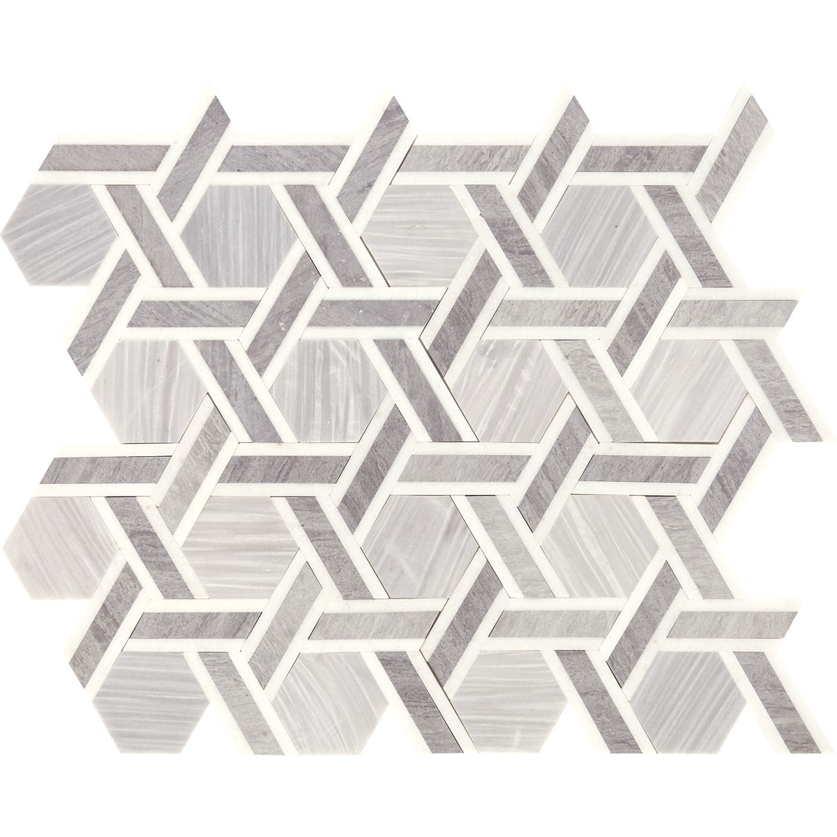 Daltile Fonte Nautical Grey Blend rotating hexagon mosaic
