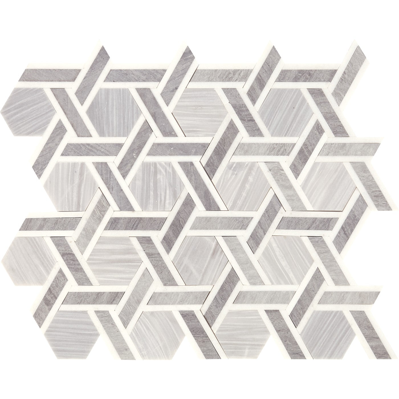 Daltile Fonte Nautical Grey Blend rotating hexagon mosaic