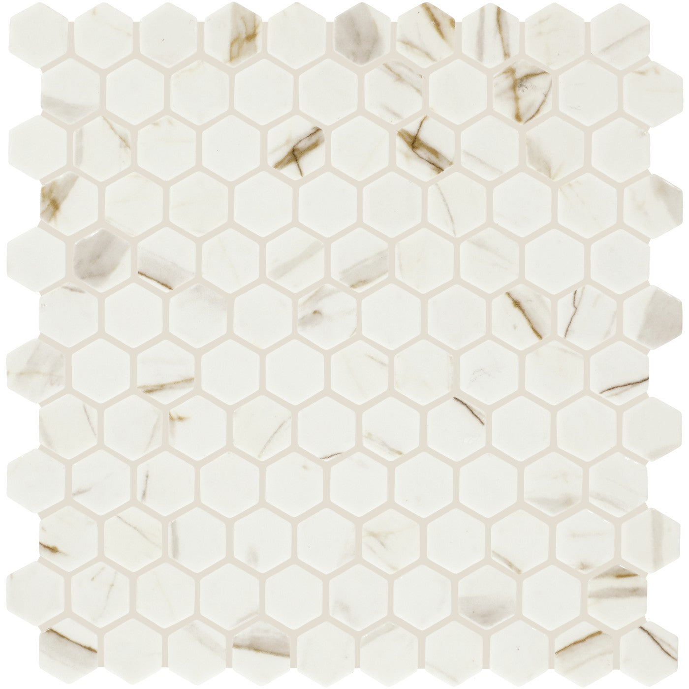 Daltile Uptown Glass Posh Spritzer 1 inch hex mosaic