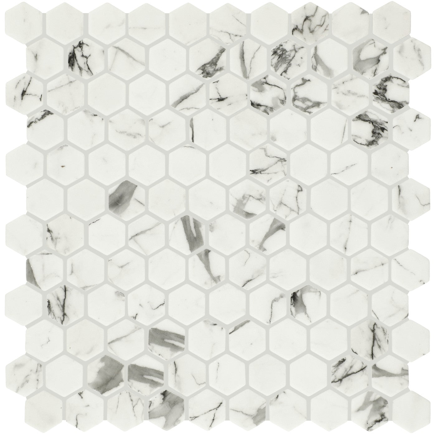 Daltile Uptown Glass Posh Resort 1 inch hex mosaic