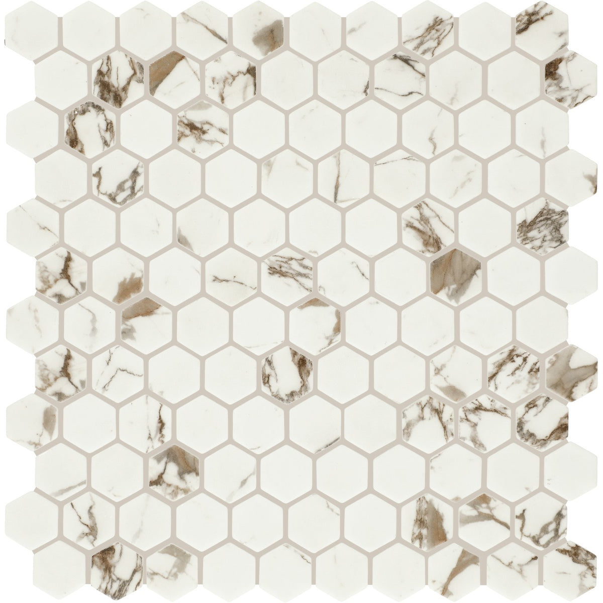 Daltile Uptown Glass Posh Sparkler 1 inch hex mosaic