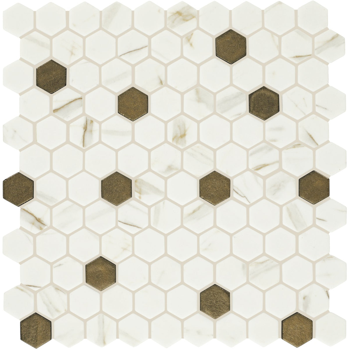 Daltile Uptown Glass Posh Chiffon 1 inch hex mosaic