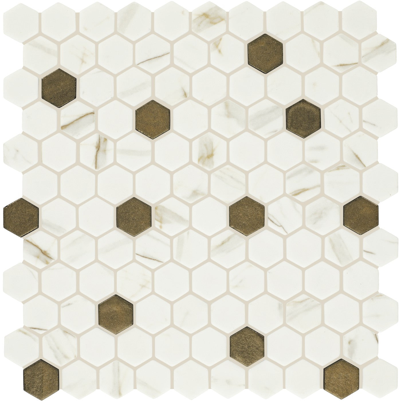 Daltile Uptown Glass Posh Chiffon 1 inch hex mosaic