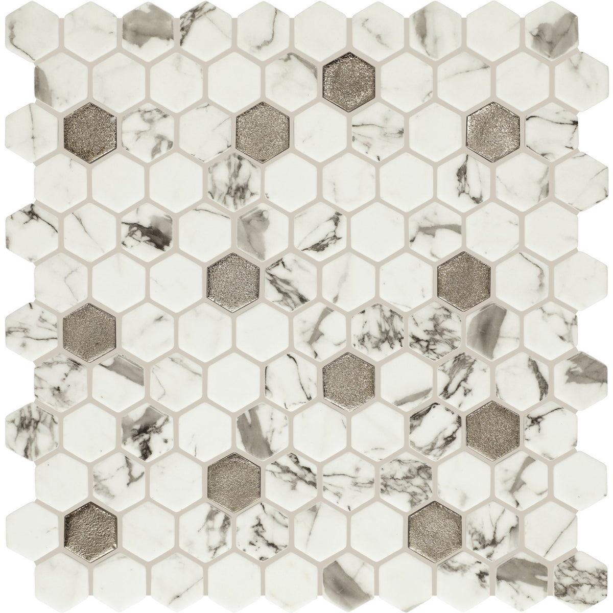 Daltile Uptown Glass Posh Bubbly 1 inch hex mosaic