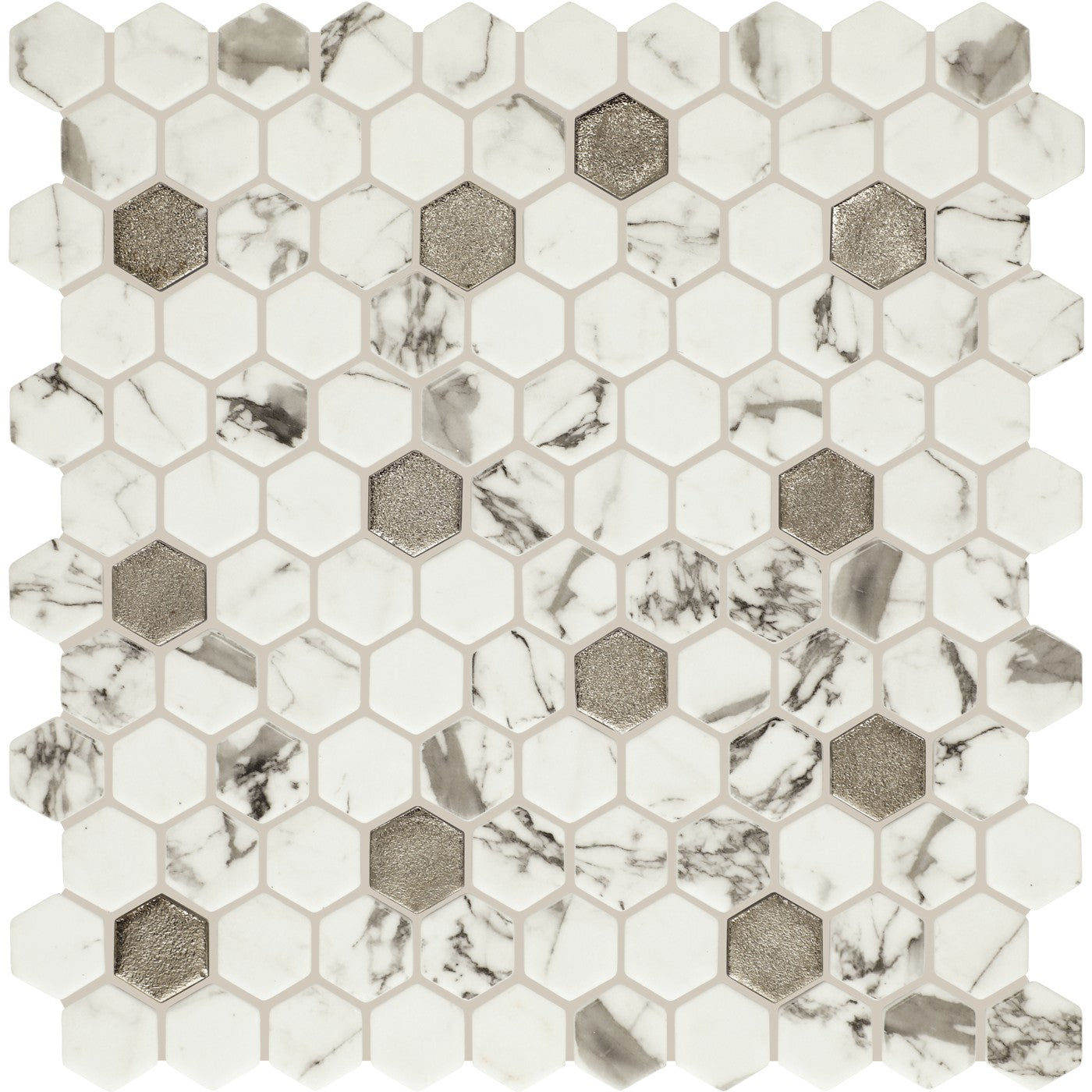 Daltile Uptown Glass Posh Bubbly 1 inch hex mosaic