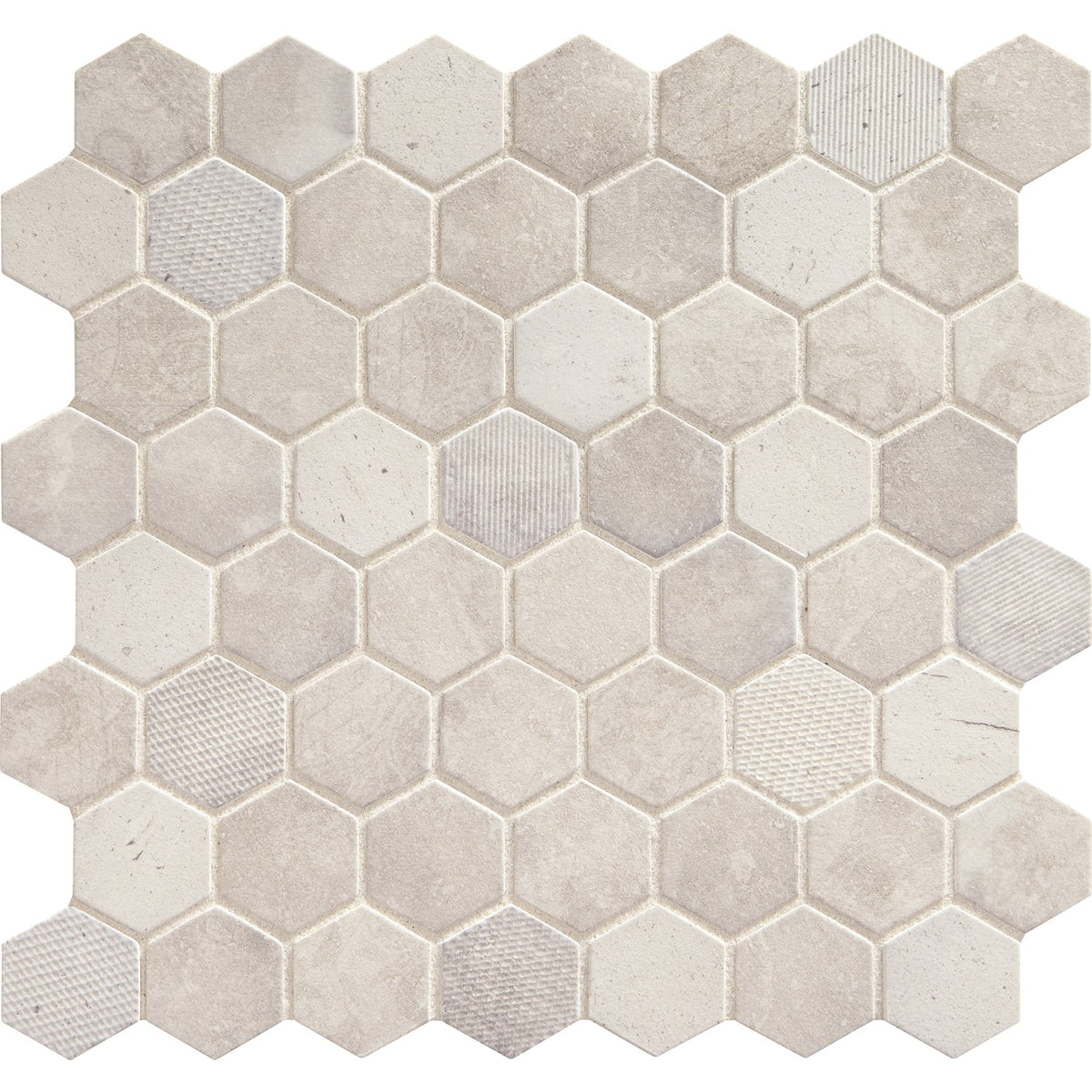 Daltile Vintage Hex mosaic in Wisdom White