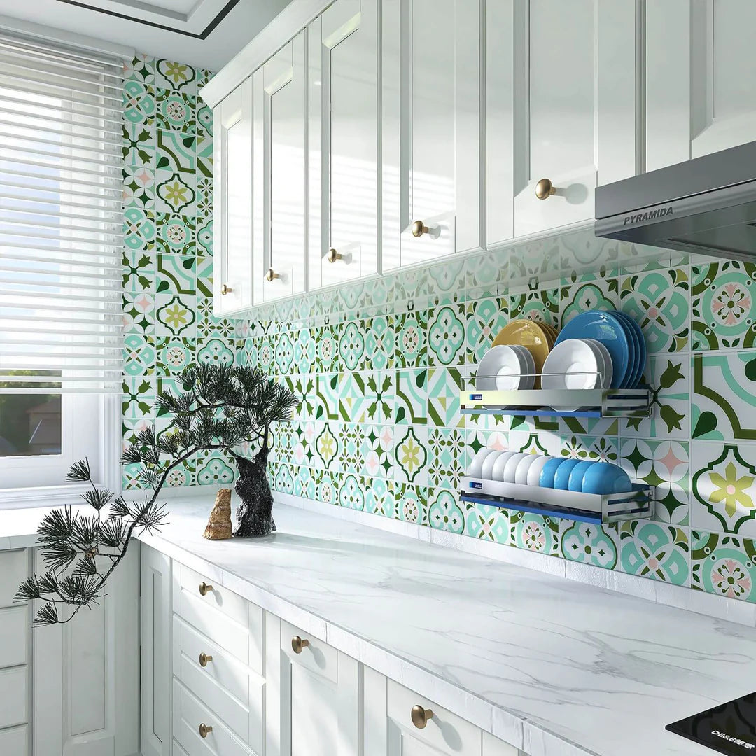 Kitchen backsplash tile installation curated by Emerald Fern Finishes, featuring decorative patterned tile from Daltile, designed for easy maintenance and everyday kitchen use.
