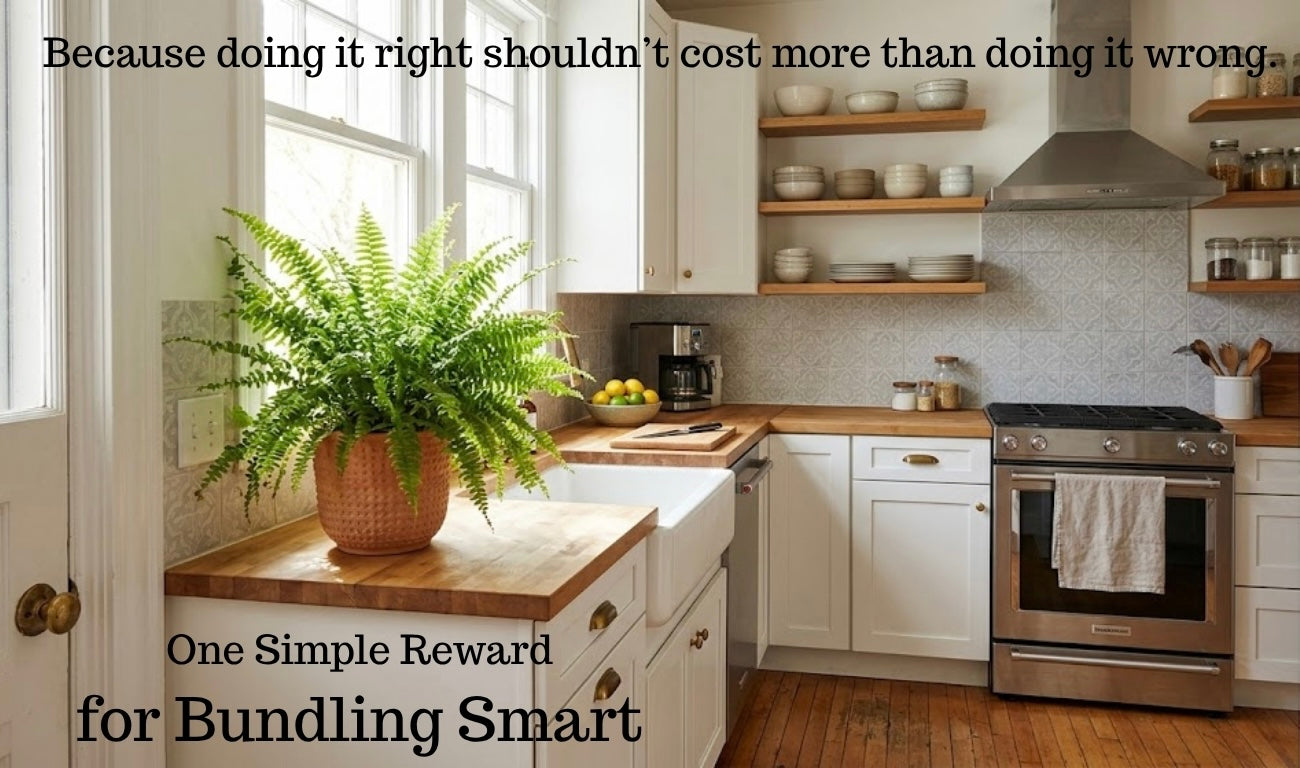Bright cottage kitchen with white shaker cabinets, butcher block countertops, and open shelving — Emerald Fern Finishes bundle and save on cabinets and building materials