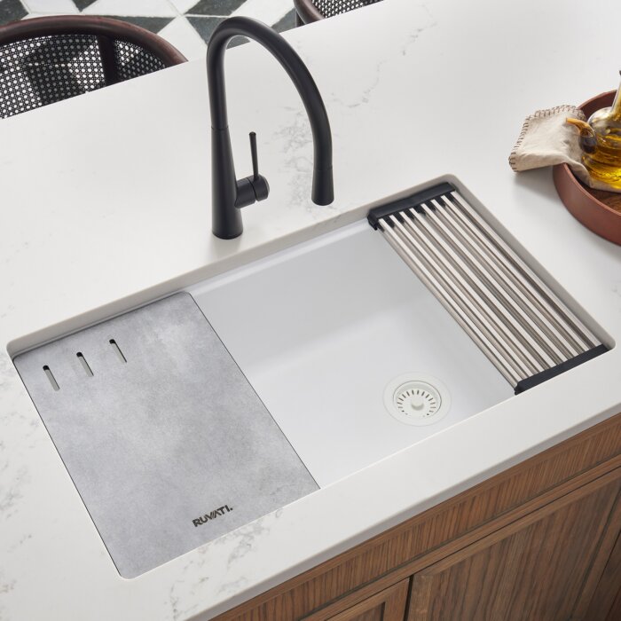 Ruvati Undermount Workstation Granite Composite Quartz Kitchen Sink Matte Black - 33" - White