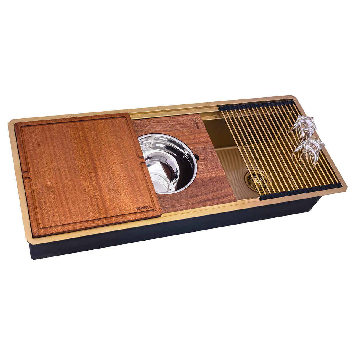 Ruvati Matte Gold Stainless Steel Workstation Two-Tiered Ledge Undermount Kitchen Sink - 45" - Polished Brass Matte Gold
