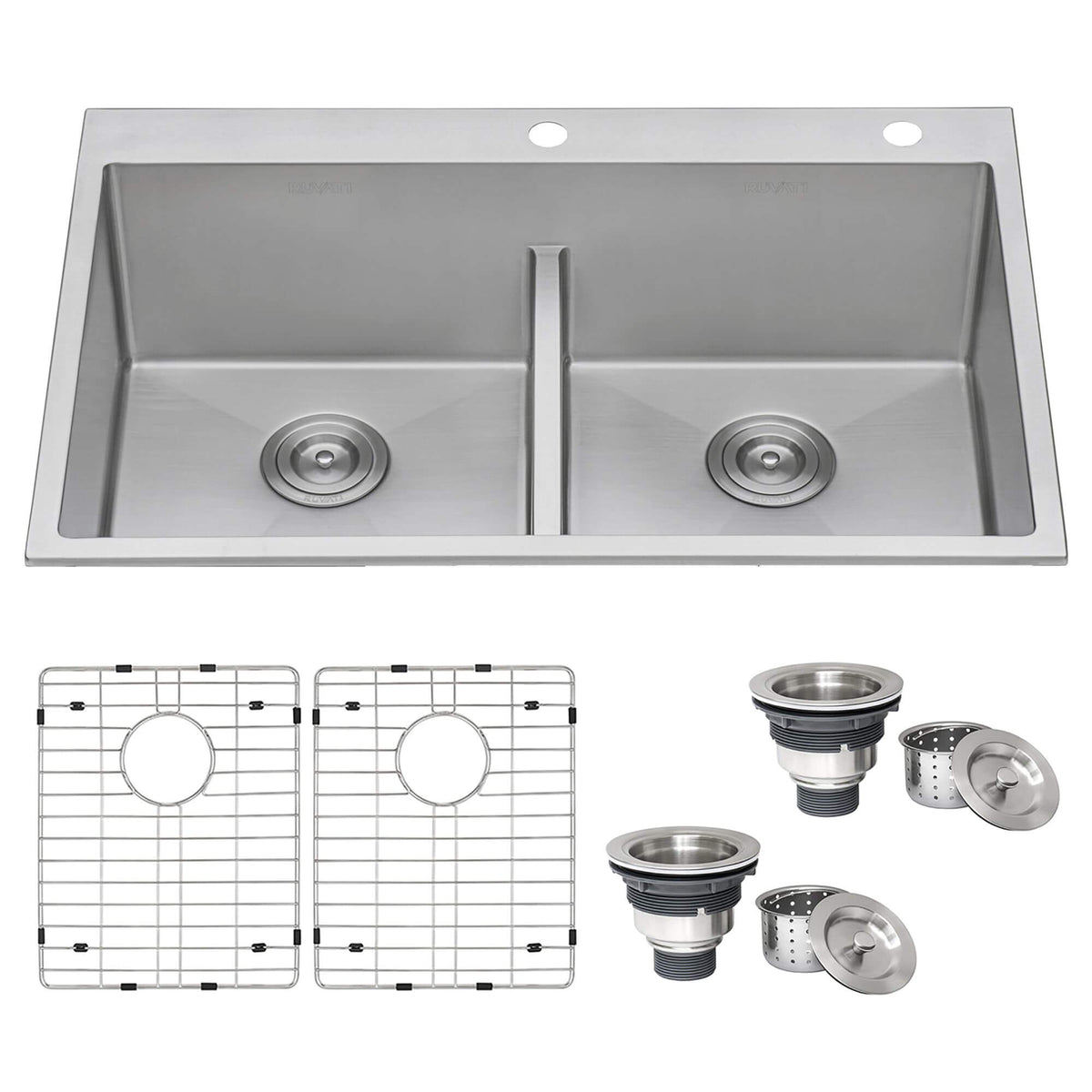 Ruvati Tirana Pro 33 × 22 inch Drop-in Topmount Kitchen Sink 16 Gauge Stainless Steel Rounded Corners 50/50 Double Bowl