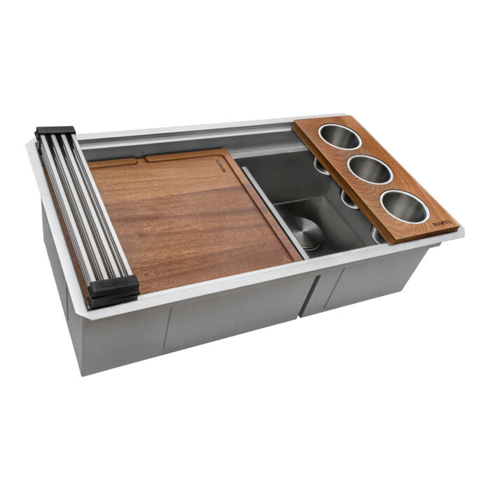 Ruvati Dual Tier 33-inch Double Bowl Low Divide Workstation Two-Tiered Ledge Undermount Kitchen Sink 16 Gauge Stainless Steel