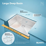 Ruvati Roma Pro 33 inch workstation sink with accessories on ledge