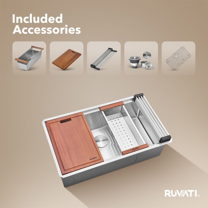 Ruvati Roma Pro 30 inch workstation sink with accessories on ledge