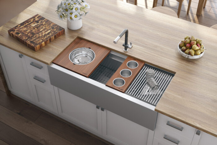 Ruvati Dual Tier 45 inch apron-front sink installed in kitchen