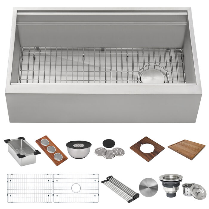 Ruvati Dual Tier 45 inch sink with accessories on both ledge tiers