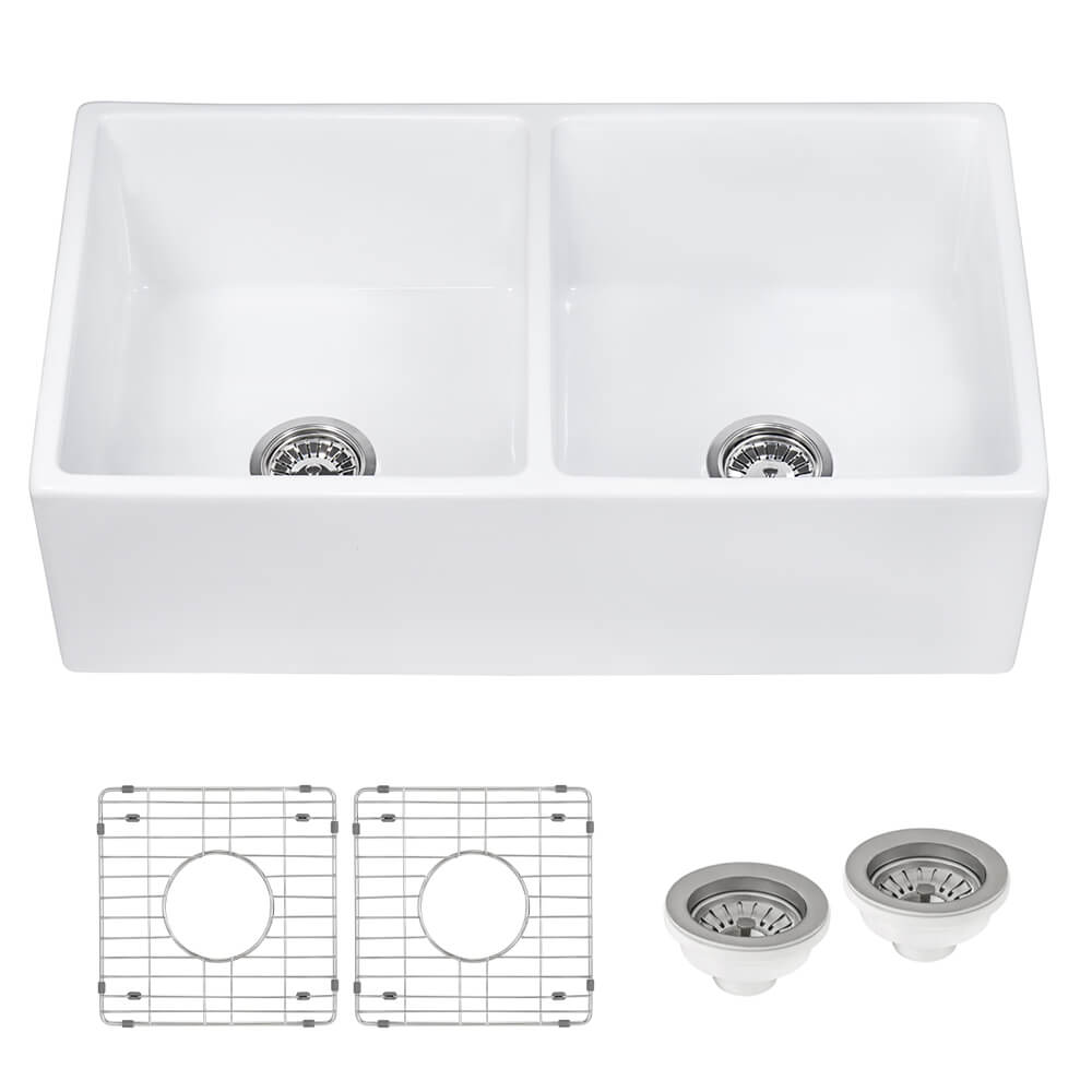Ruvati Fiamma 33 × 18 inch Fireclay Farmhouse Apron-Front Kitchen Sink Double Bowl