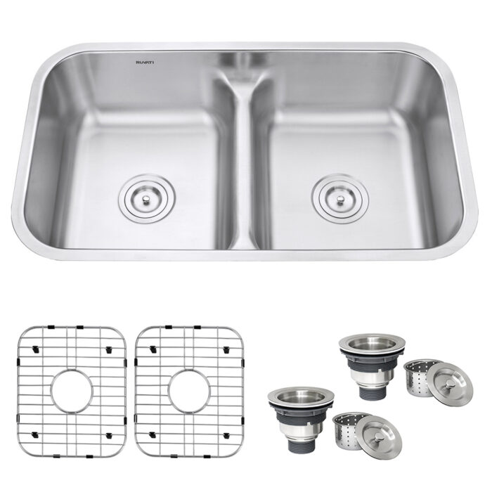 Ruvati Parmi 32-inch Low-Divide Undermount 50/50 Double Bowl Kitchen Sink 16 Gauge Stainless Steel