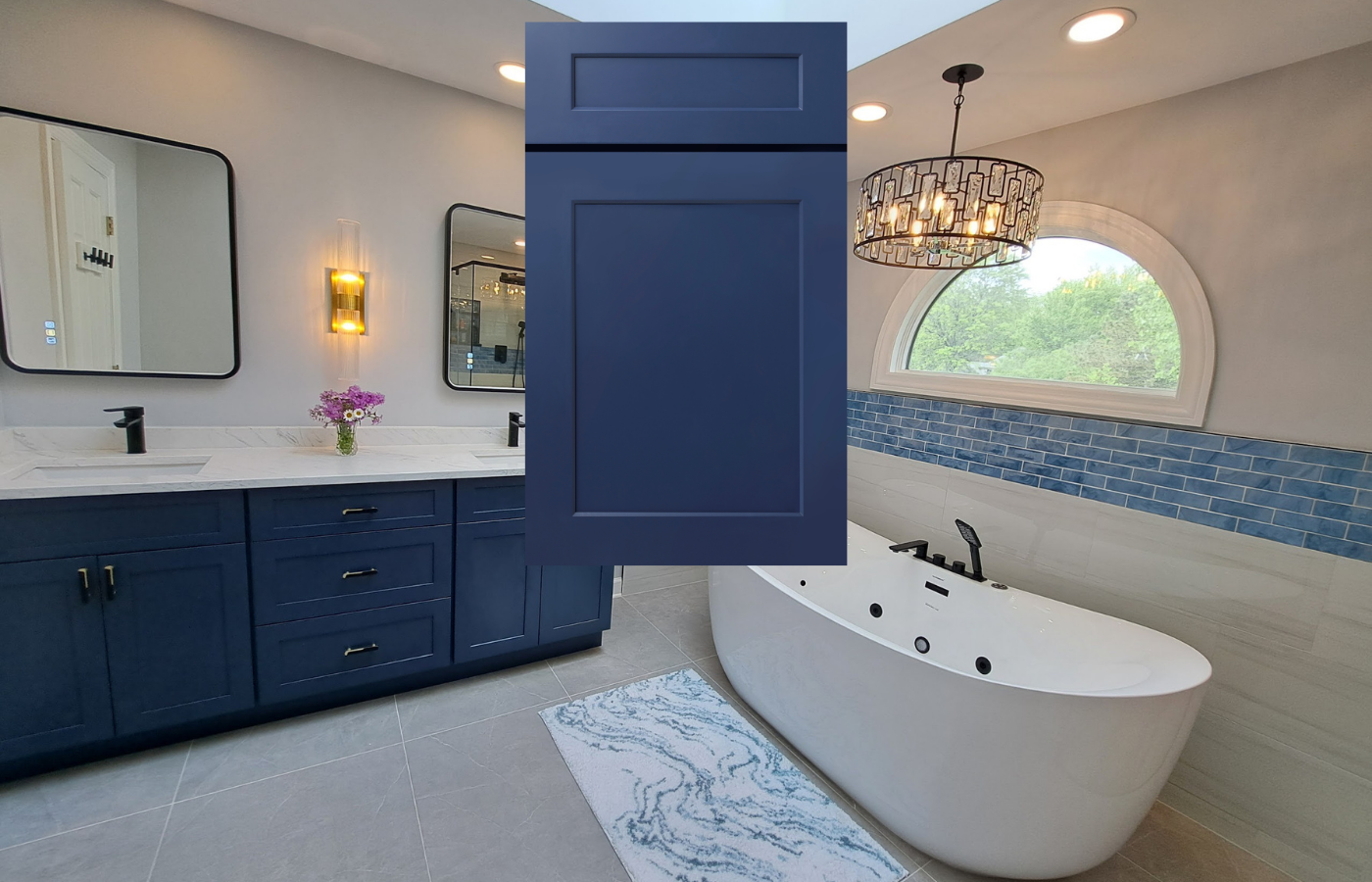 Rose Hill Cabinets navy signature shaker cabinet door sample with matching bathroom vanity remodel